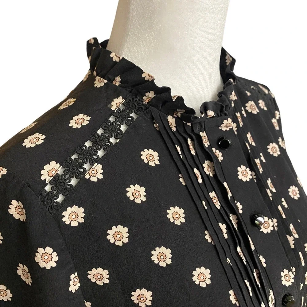 Kate Spade Ditsy Floral Pintuck Pleats Daisy Crochet Trim Popover Silk Black XS